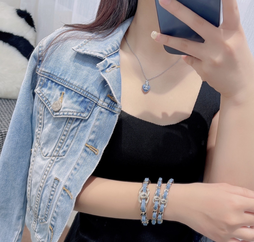 Chanel 2025 SS Metal & Denim Gold-Blue Bangle Bracelet Set