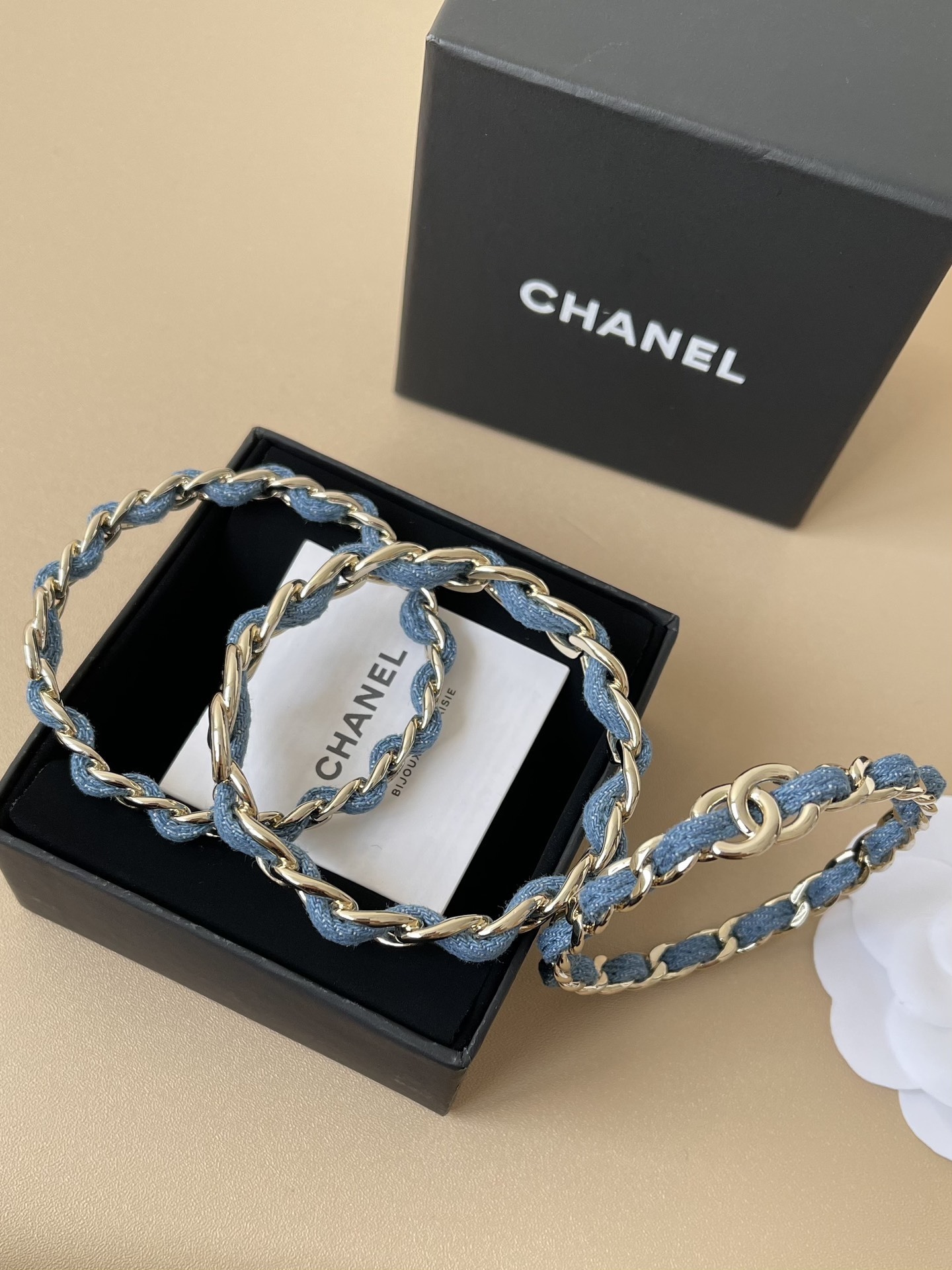 Chanel 2025 SS Metal & Denim Gold-Blue Bangle Bracelet Set