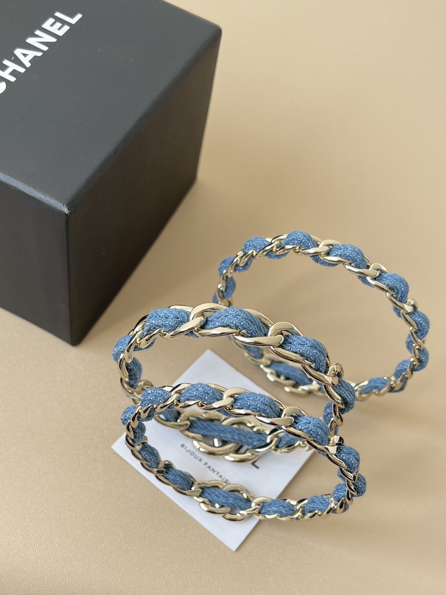 Chanel 2025 SS Metal & Denim Gold-Blue Bangle Bracelet Set