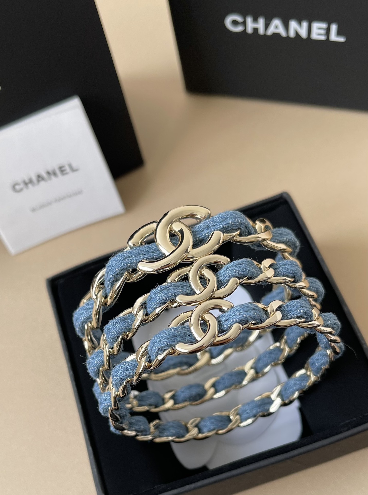 Chanel 2025 SS Metal & Denim Gold-Blue Bangle Bracelet Set
