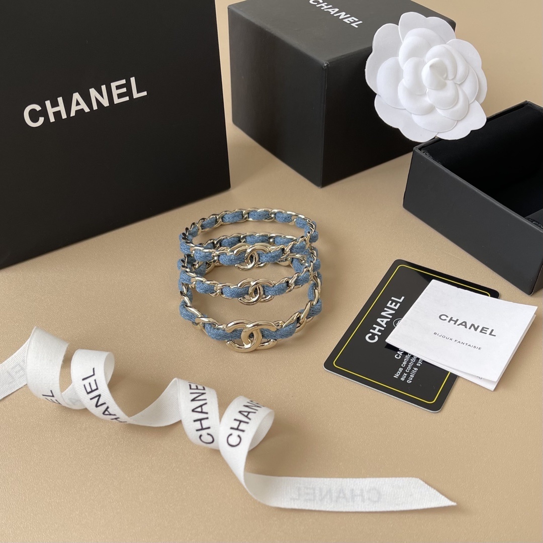 Chanel 2025 SS Metal & Denim Gold-Blue Bangle Bracelet Set