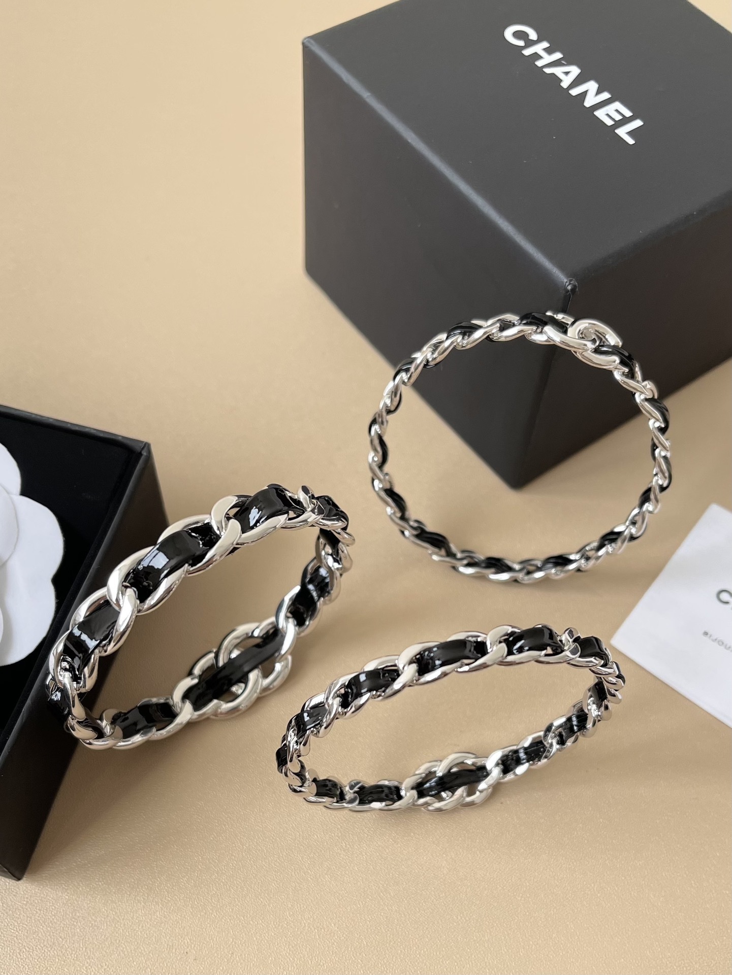 Chanel 2025 SS Wide Bangle Metal & Black Goatskin Silver CC Logo