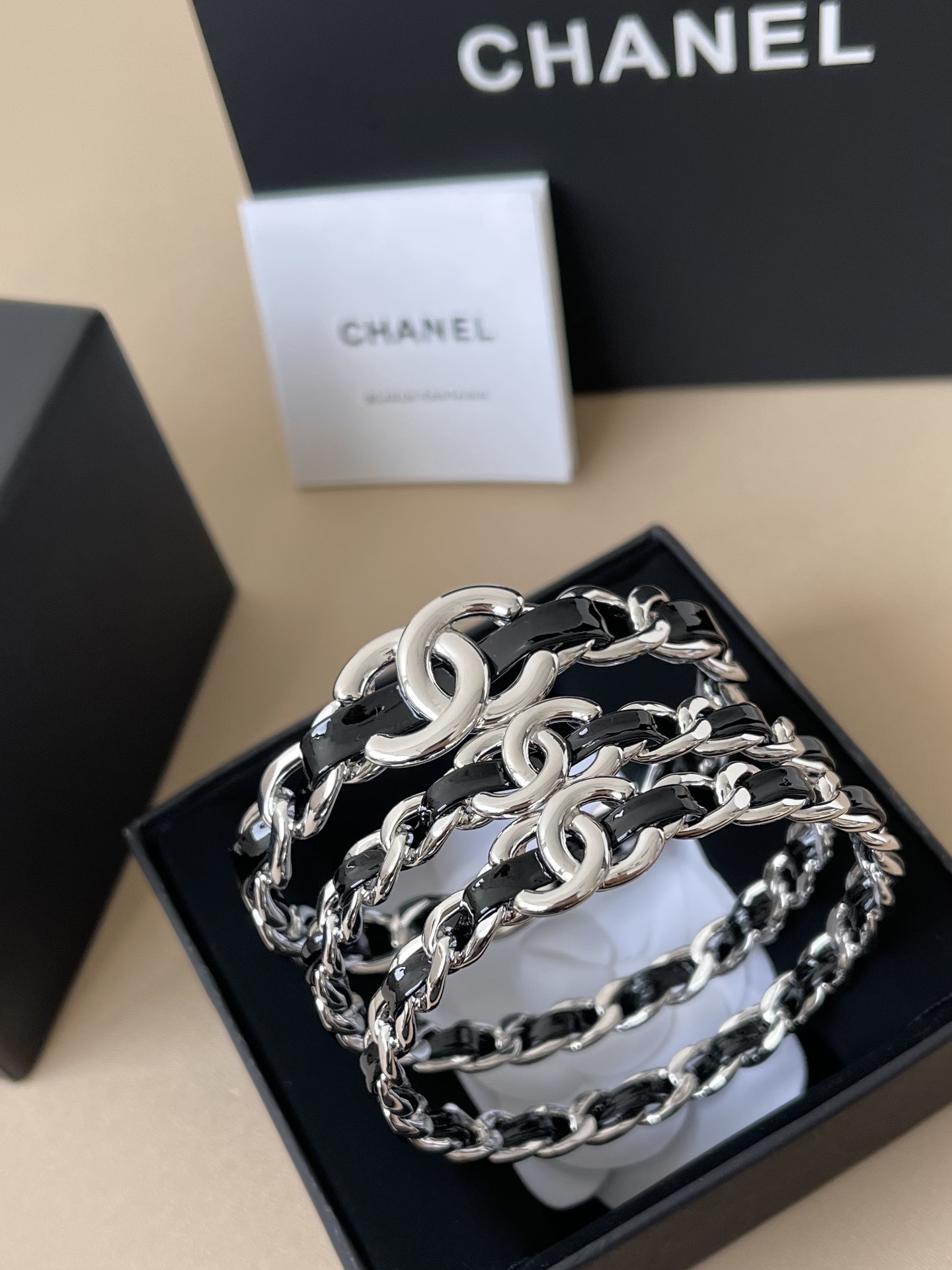 Chanel 2025 SS Wide Bangle Metal & Black Goatskin Silver CC Logo