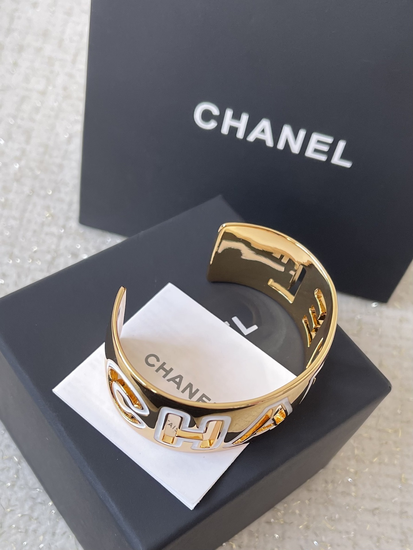Chanel Gold & White Enamel Wide Cuff Bangle Bracelet