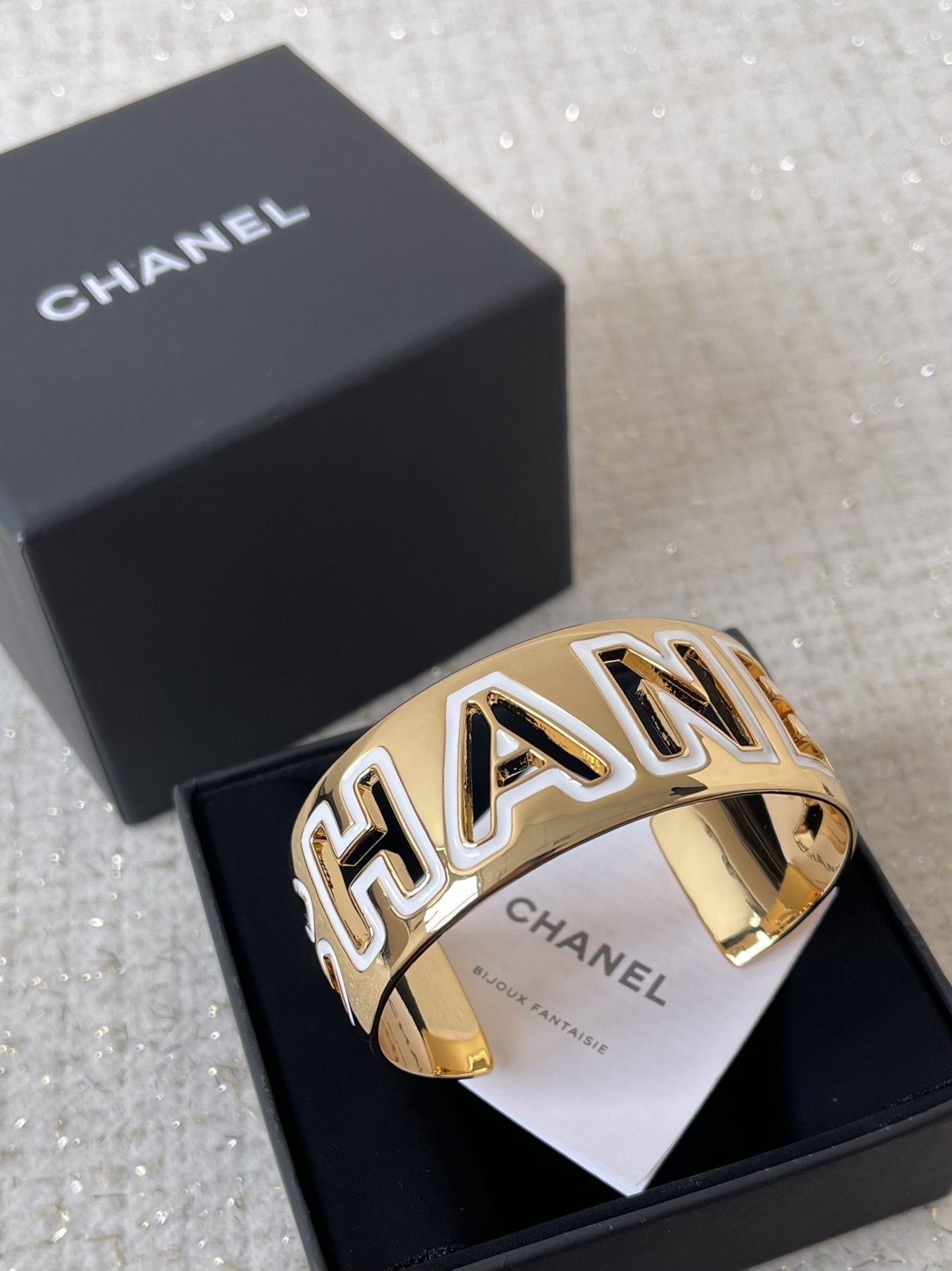 Chanel Gold & White Enamel Wide Cuff Bangle Bracelet