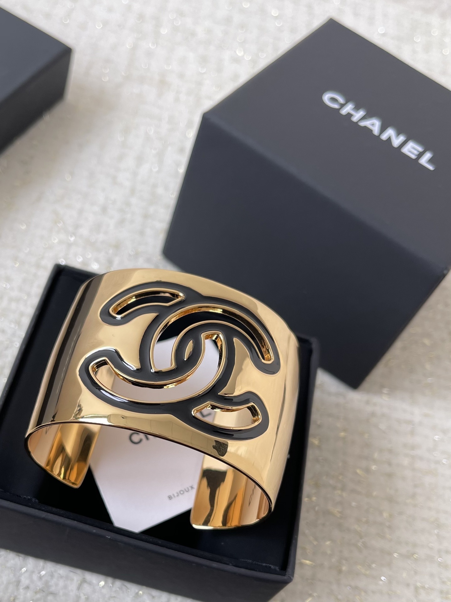 Chanel CC Logo Gold Wide Cuff Bracelet - Luxury Designer Bangle