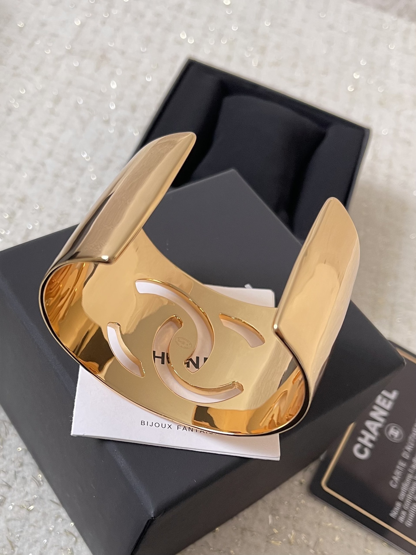 Chanel Gold & White CC Logo Wide Cuff Bracelet - Luxury Jewelry