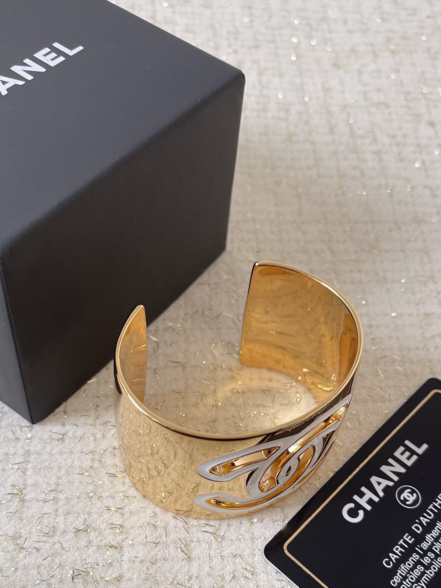 Chanel Gold & White CC Logo Wide Cuff Bracelet - Luxury Jewelry