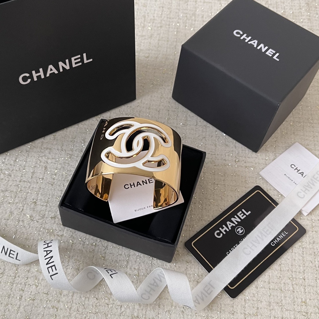Chanel Gold & White CC Logo Wide Cuff Bracelet - Luxury Jewelry