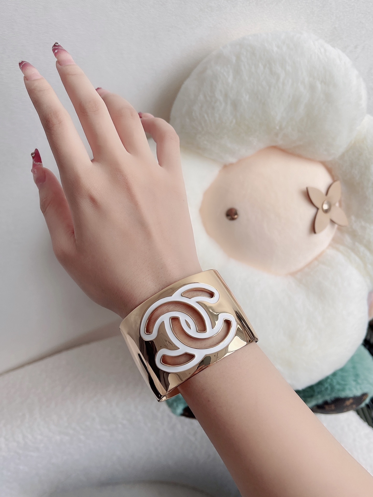 Chanel Gold & White CC Logo Wide Cuff Bracelet - Luxury Jewelry