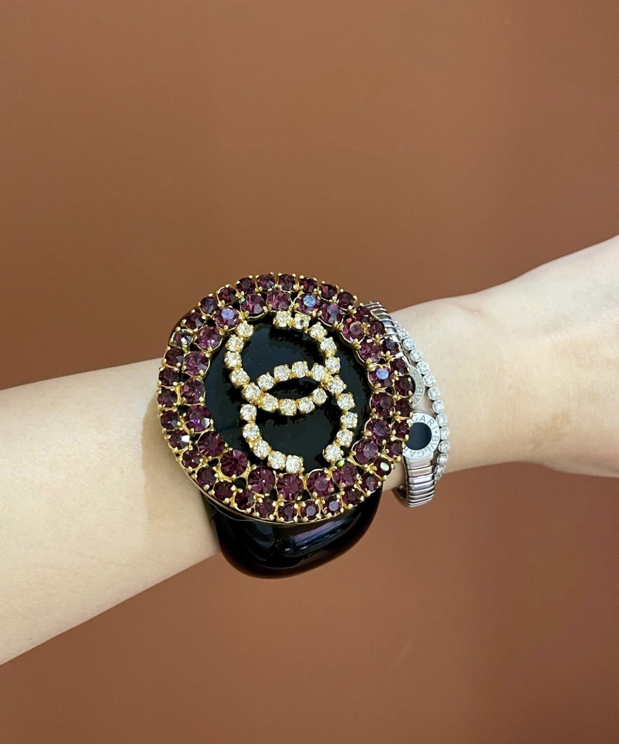 Chanel CC Logo Crystal Cuff Bracelet - Black Resin & Ruby Red Stones