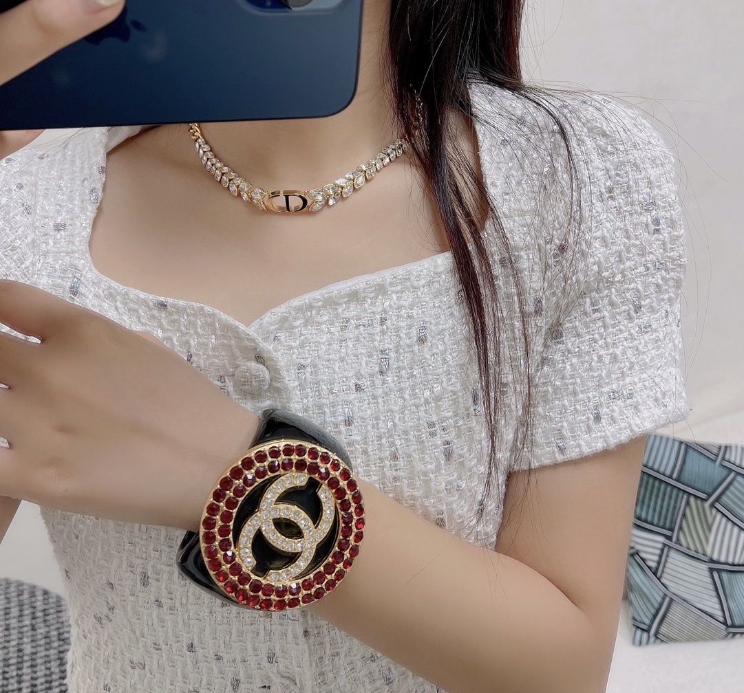 Chanel CC Logo Crystal Cuff Bracelet - Black Resin & Ruby Red Stones