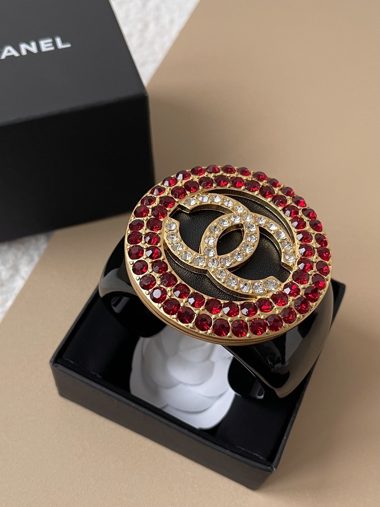 Chanel CC Logo Crystal Cuff Bracelet - Black Resin & Ruby Red Stones