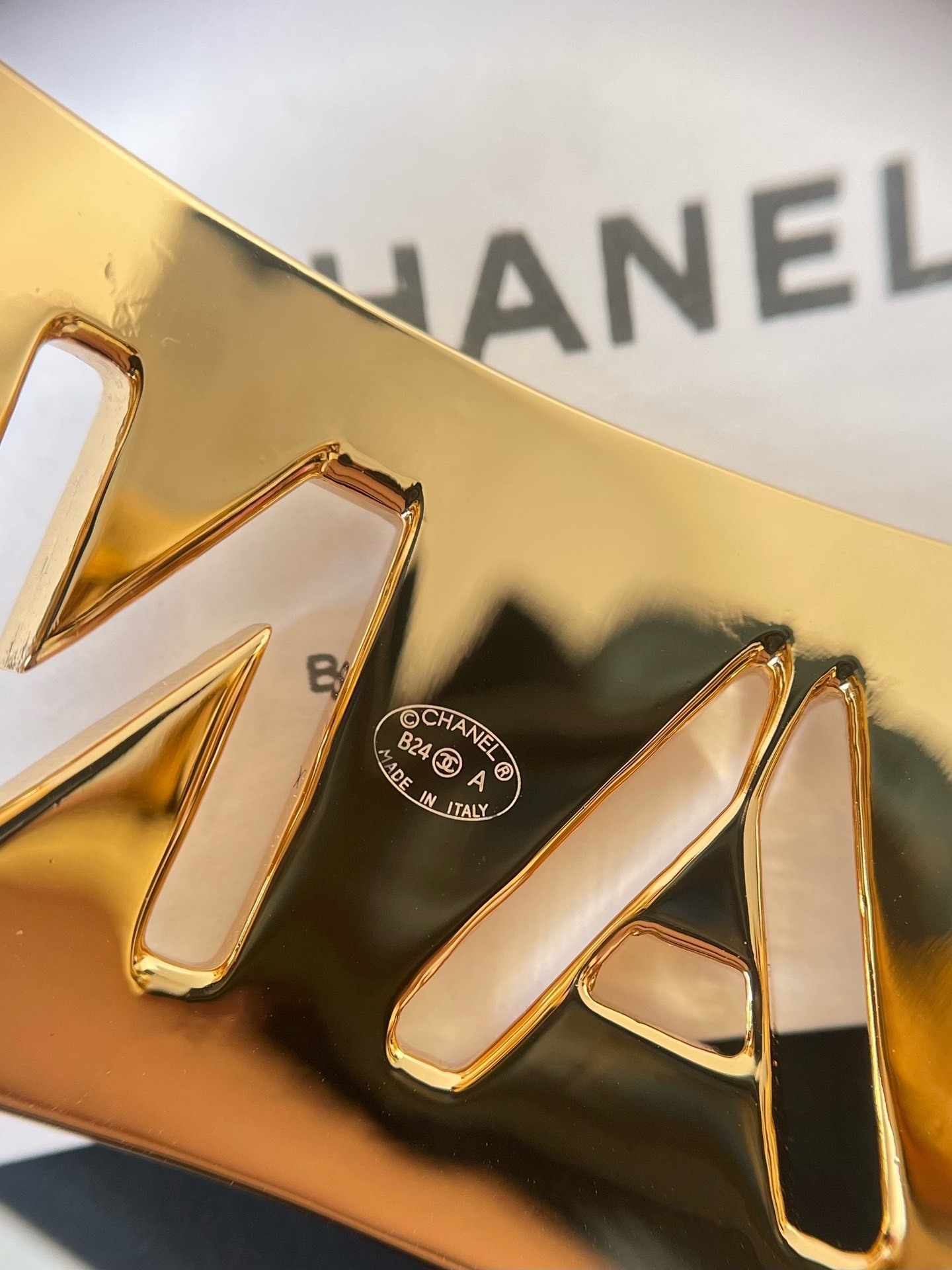 Chanel Gold & White Enamel Logo Cuff Bangle - Luxury Fashion Jewelry