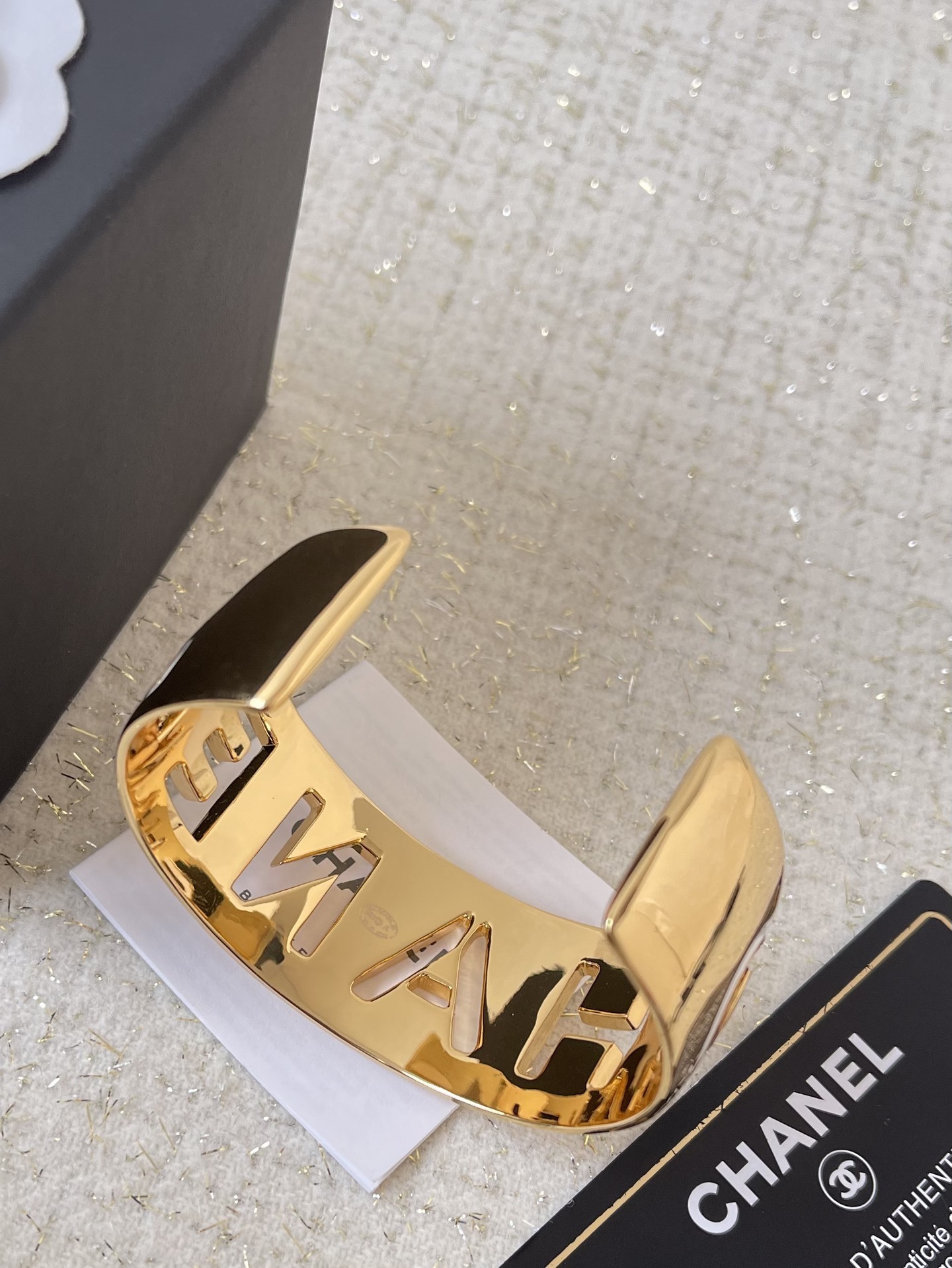 Chanel Gold & White Enamel Logo Cuff Bangle - Luxury Fashion Jewelry