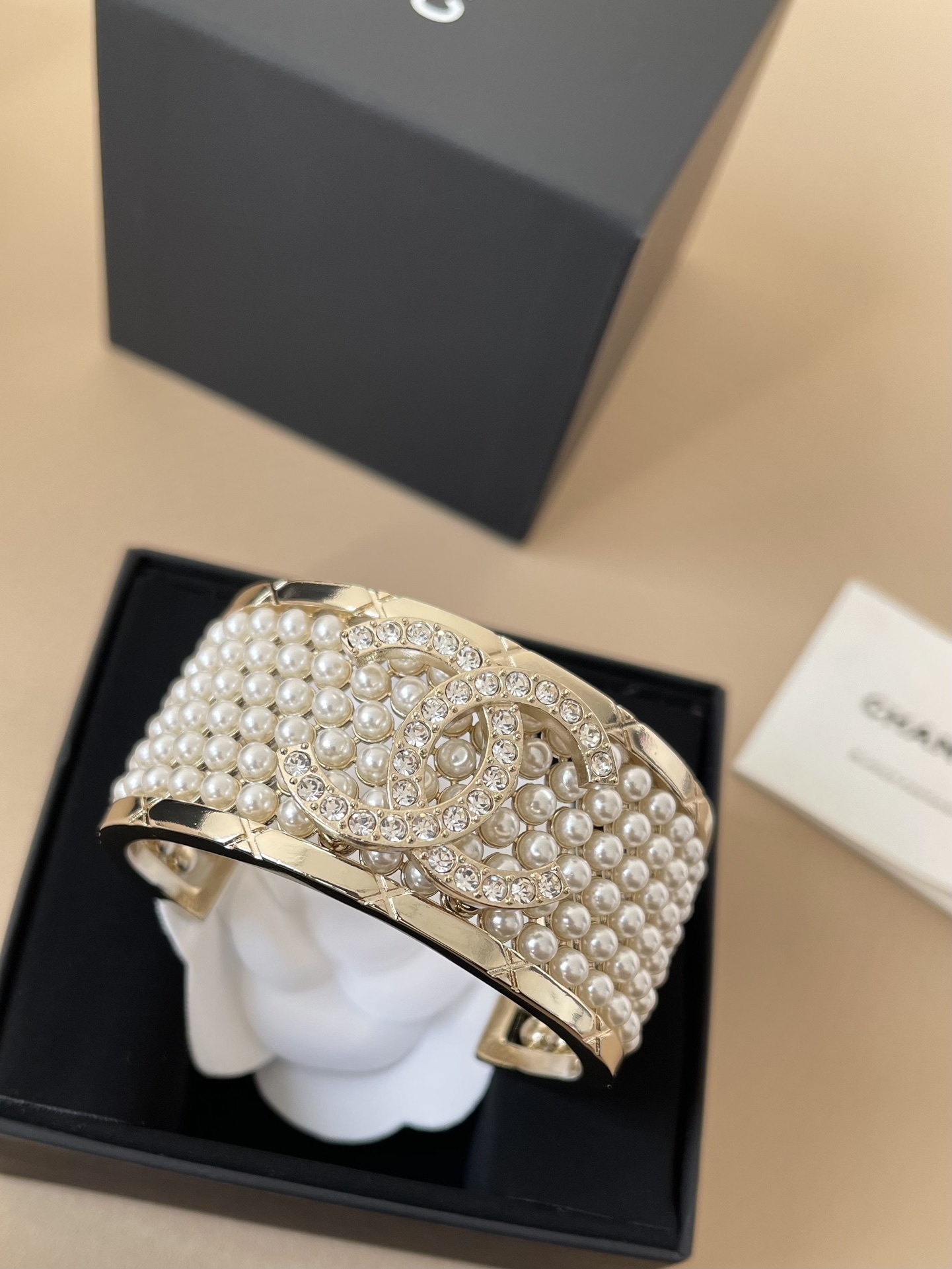 Chanel 2024/25 Metiers d'Art Pearl & Crystal Wide Cuff Bracelet Gold