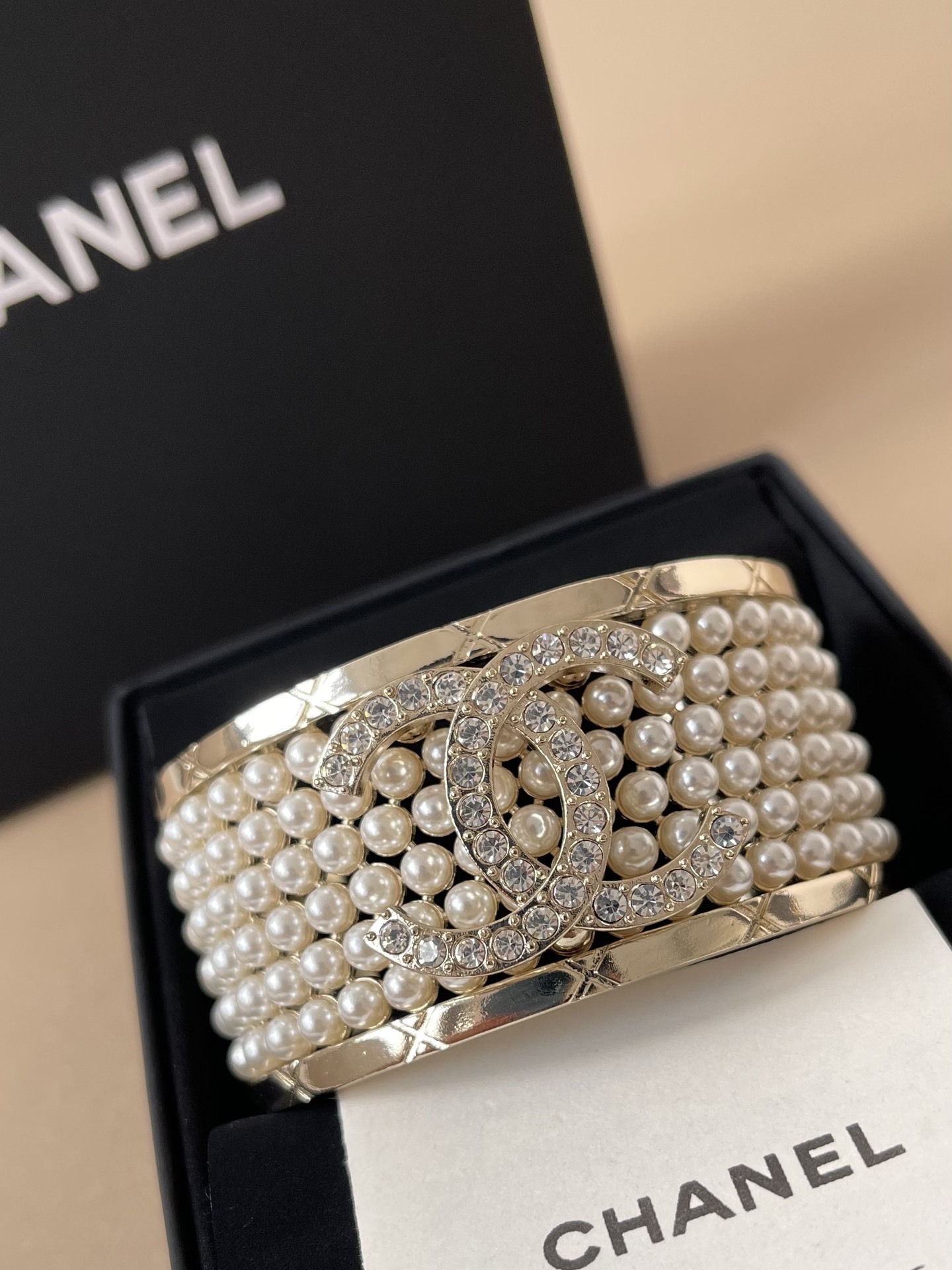 Chanel 2024/25 Metiers d'Art Pearl & Crystal Wide Cuff Bracelet Gold