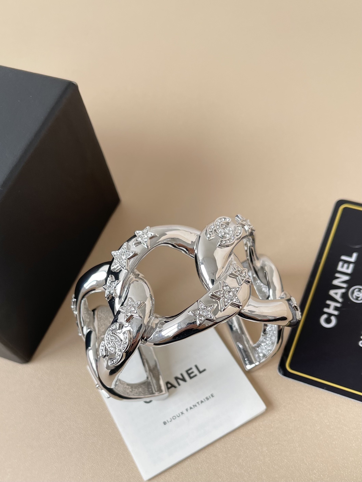 Chanel 2025 Silver Crystal Star Wide Cuff Bracelet Interlocking CC