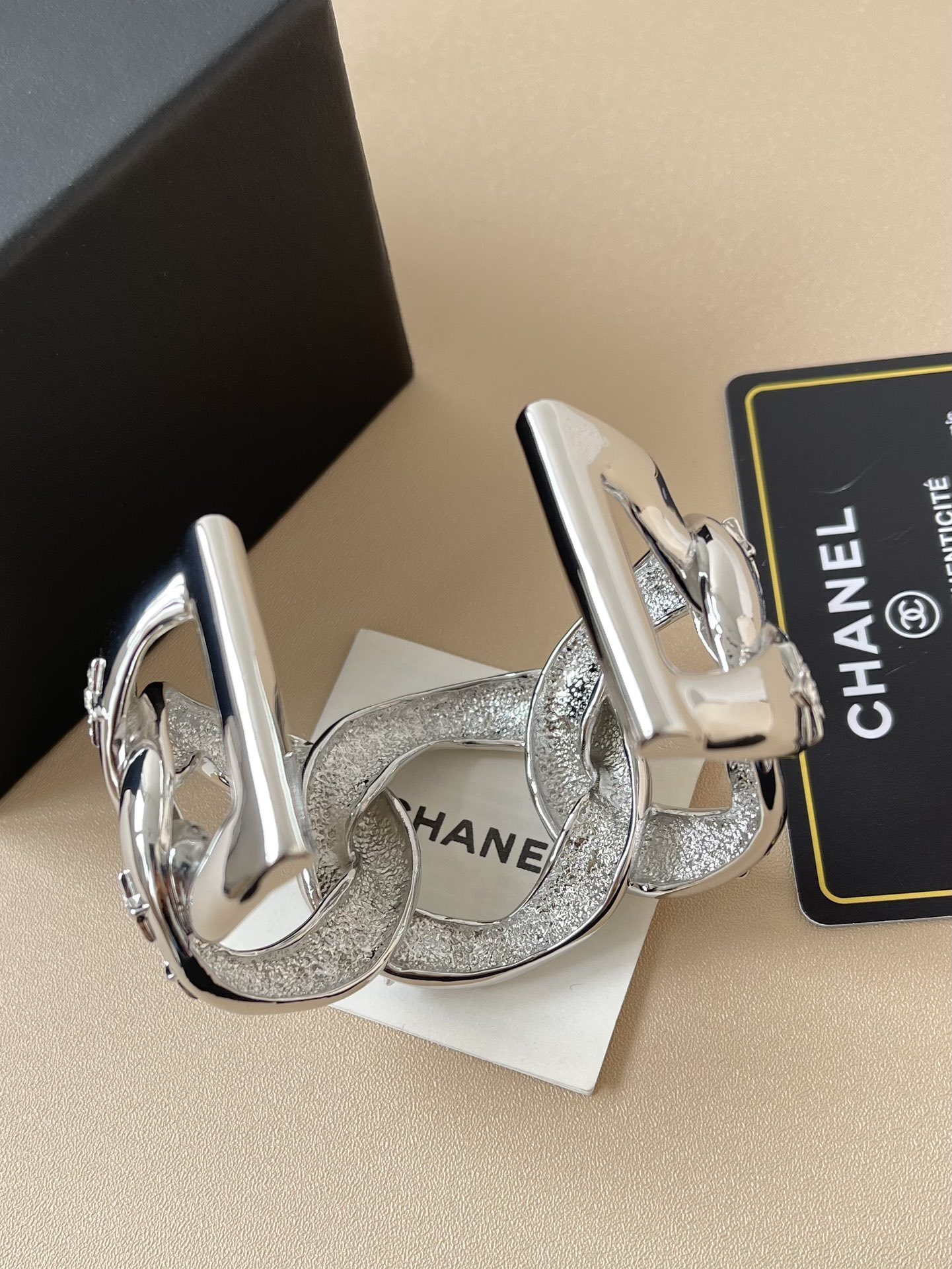 Chanel 2025 Silver Crystal Star Wide Cuff Bracelet Interlocking CC