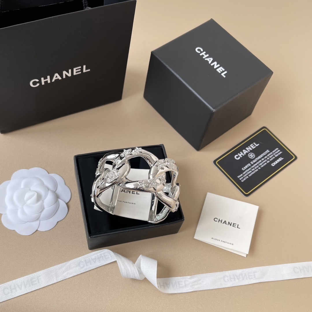 Chanel 2025 Silver Crystal Star Wide Cuff Bracelet Interlocking CC