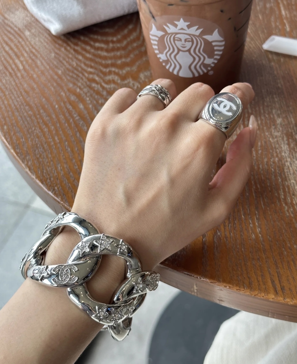 Chanel 2025 Silver Crystal Star Wide Cuff Bracelet Interlocking CC