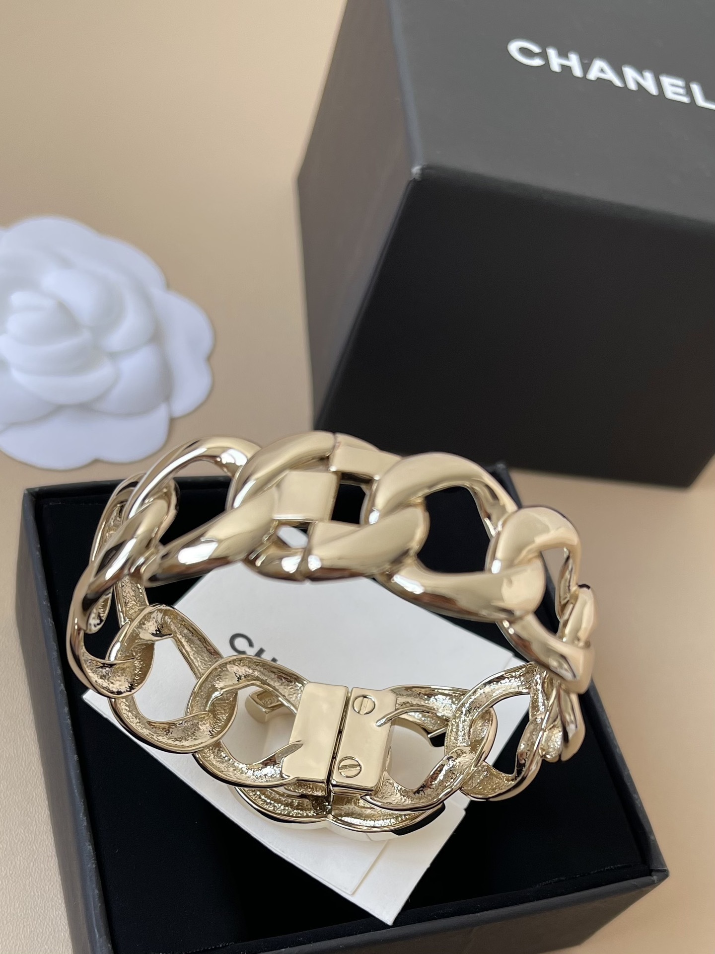 Luxury Chanel CC Logo Chain Link Cuff Bracelet - Gold Tone
