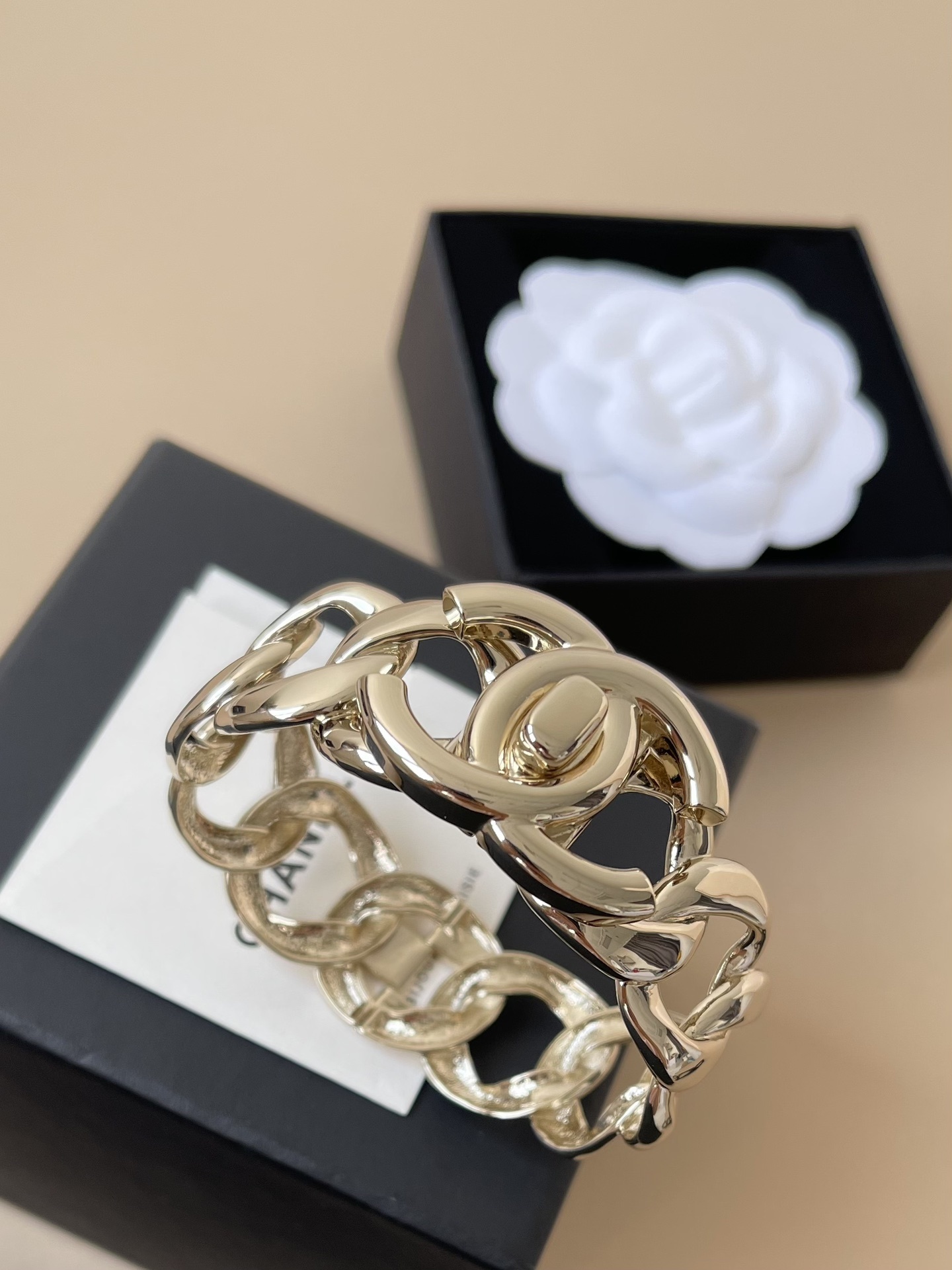 Luxury Chanel CC Logo Chain Link Cuff Bracelet - Gold Tone