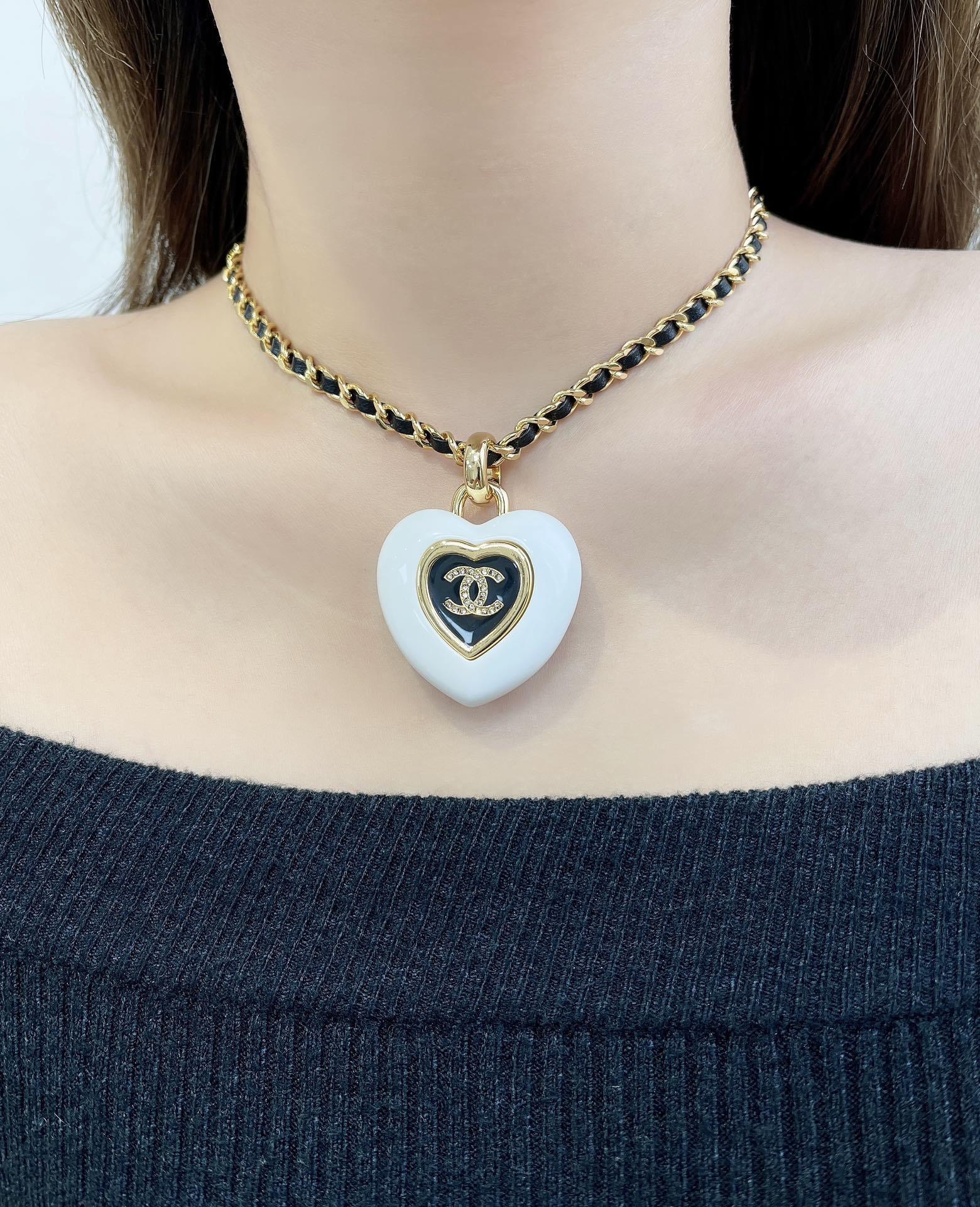 Chanel Gold-Tone & Leather Heart CC Pendant Necklace - White