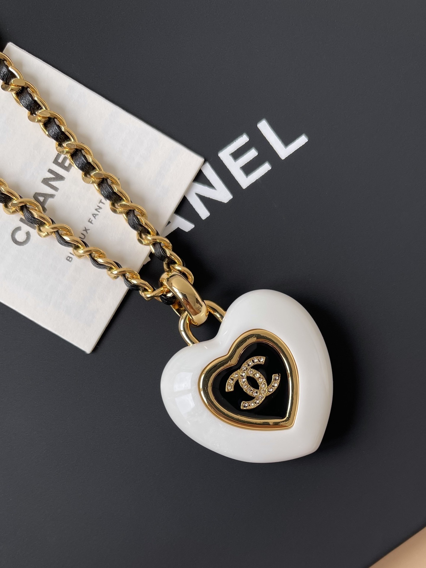Chanel Gold-Tone & Leather Heart CC Pendant Necklace - White