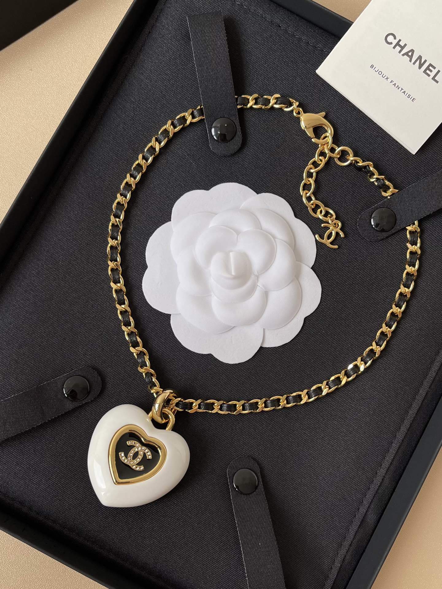 Chanel Gold-Tone & Leather Heart CC Pendant Necklace - White