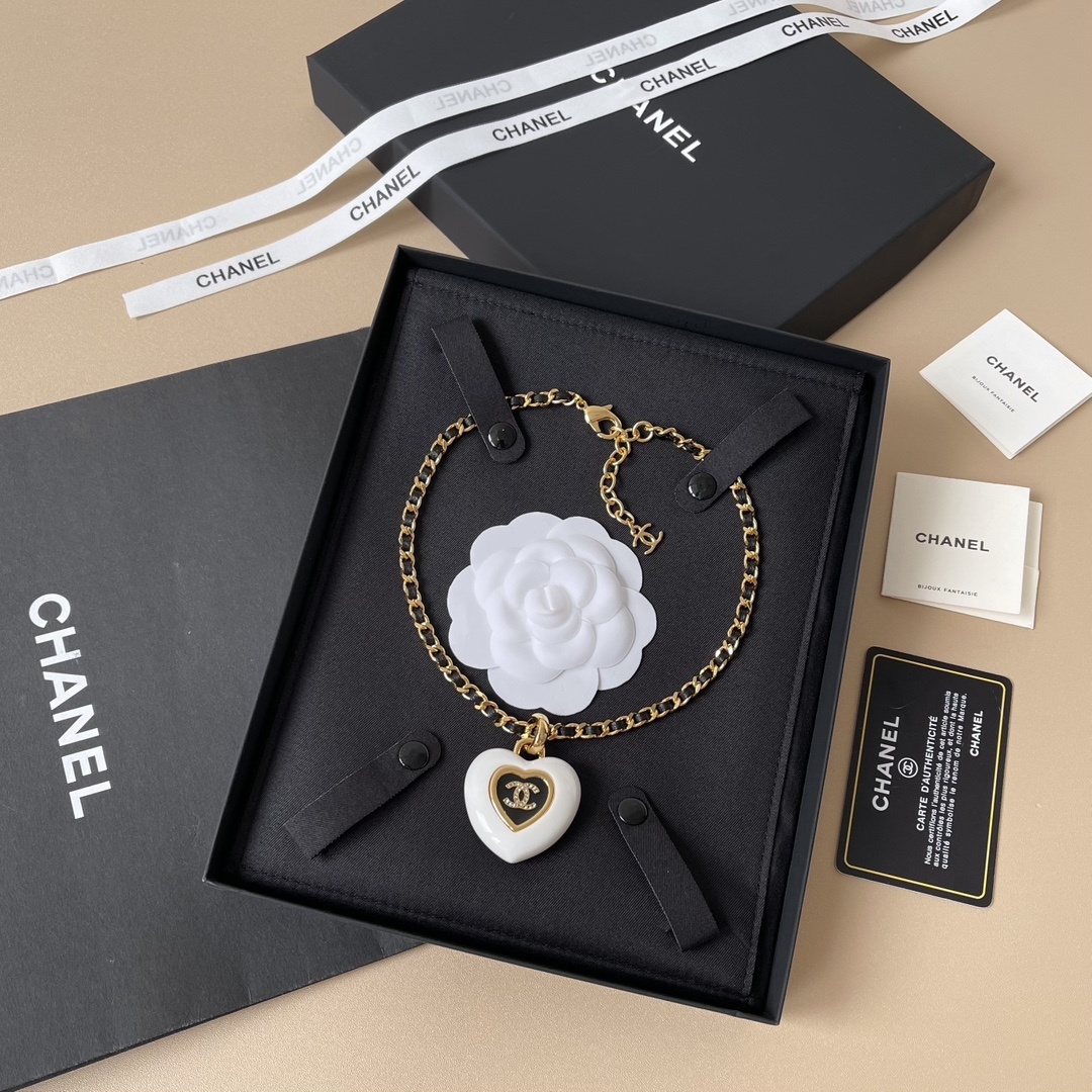 Chanel Gold-Tone & Leather Heart CC Pendant Necklace - White