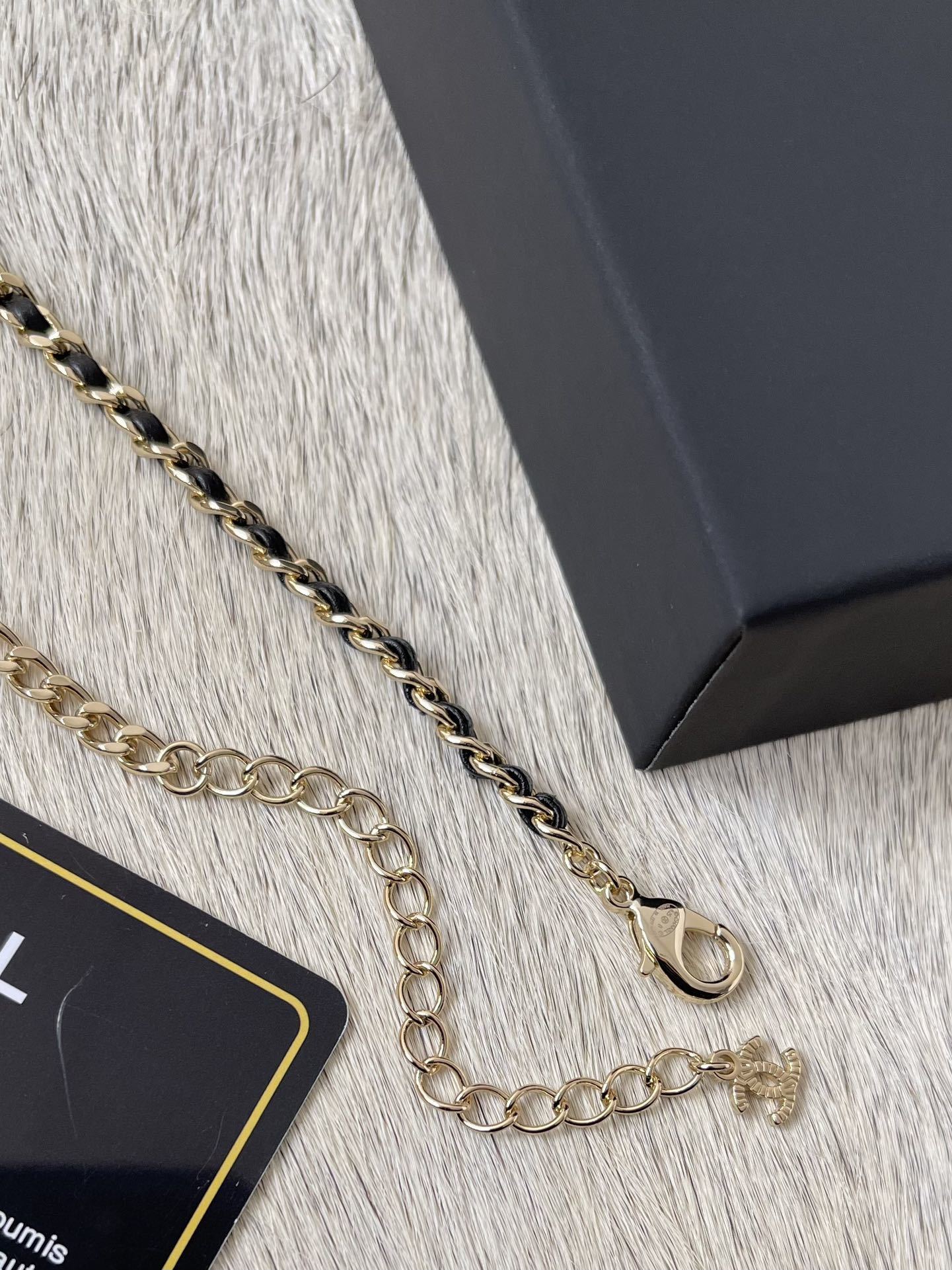 Luxury Gold Chain & Leather Interwoven Necklace with Crystal Logo