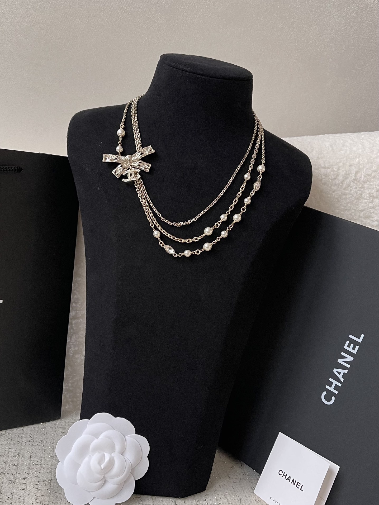Chanel Multi-Strand Pearl & Crystal Bow Necklace - Elegant Luxury