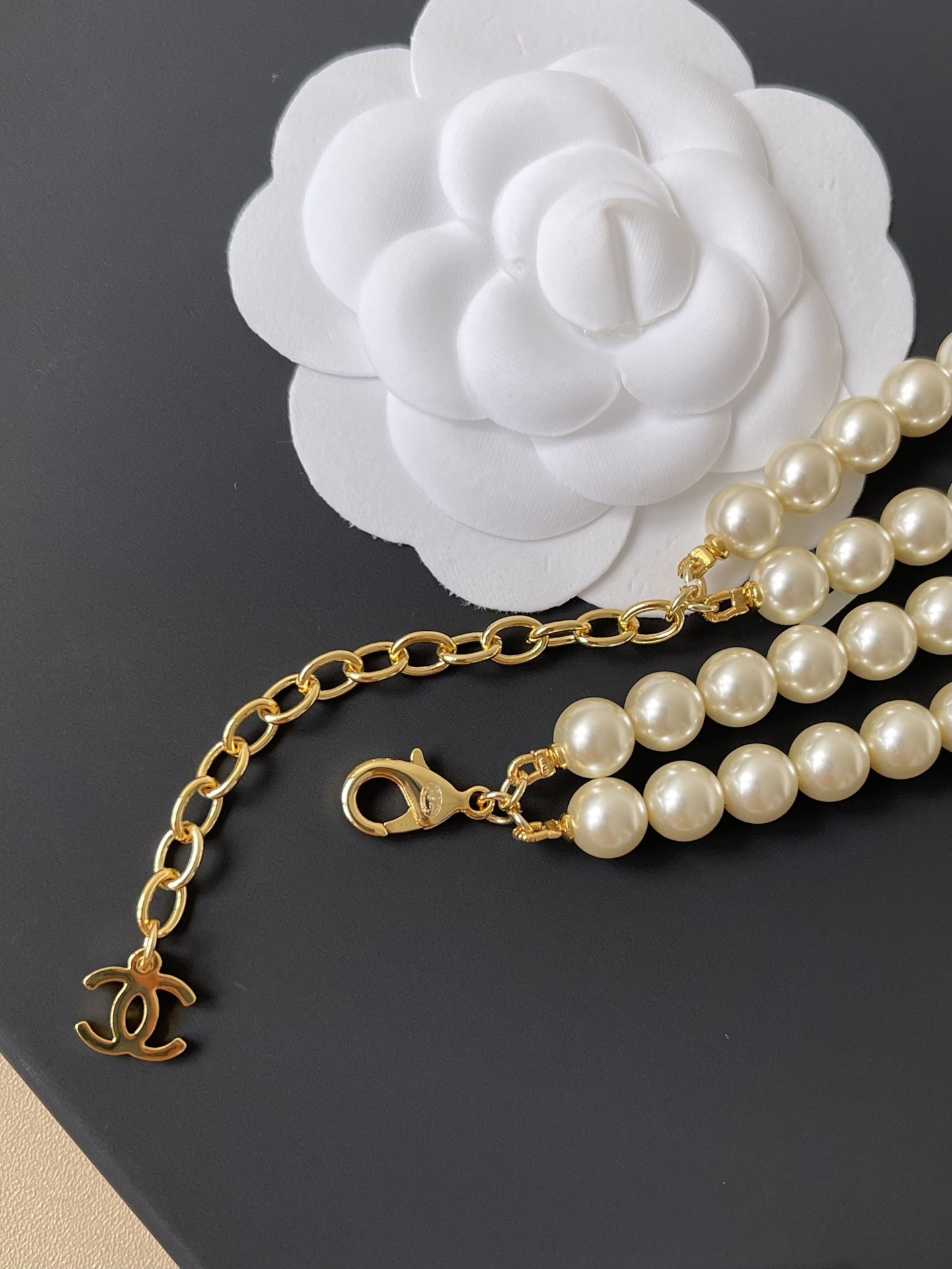Luxury Double Strand Pearl Necklace with Gold-Tone CC Logo Clasp