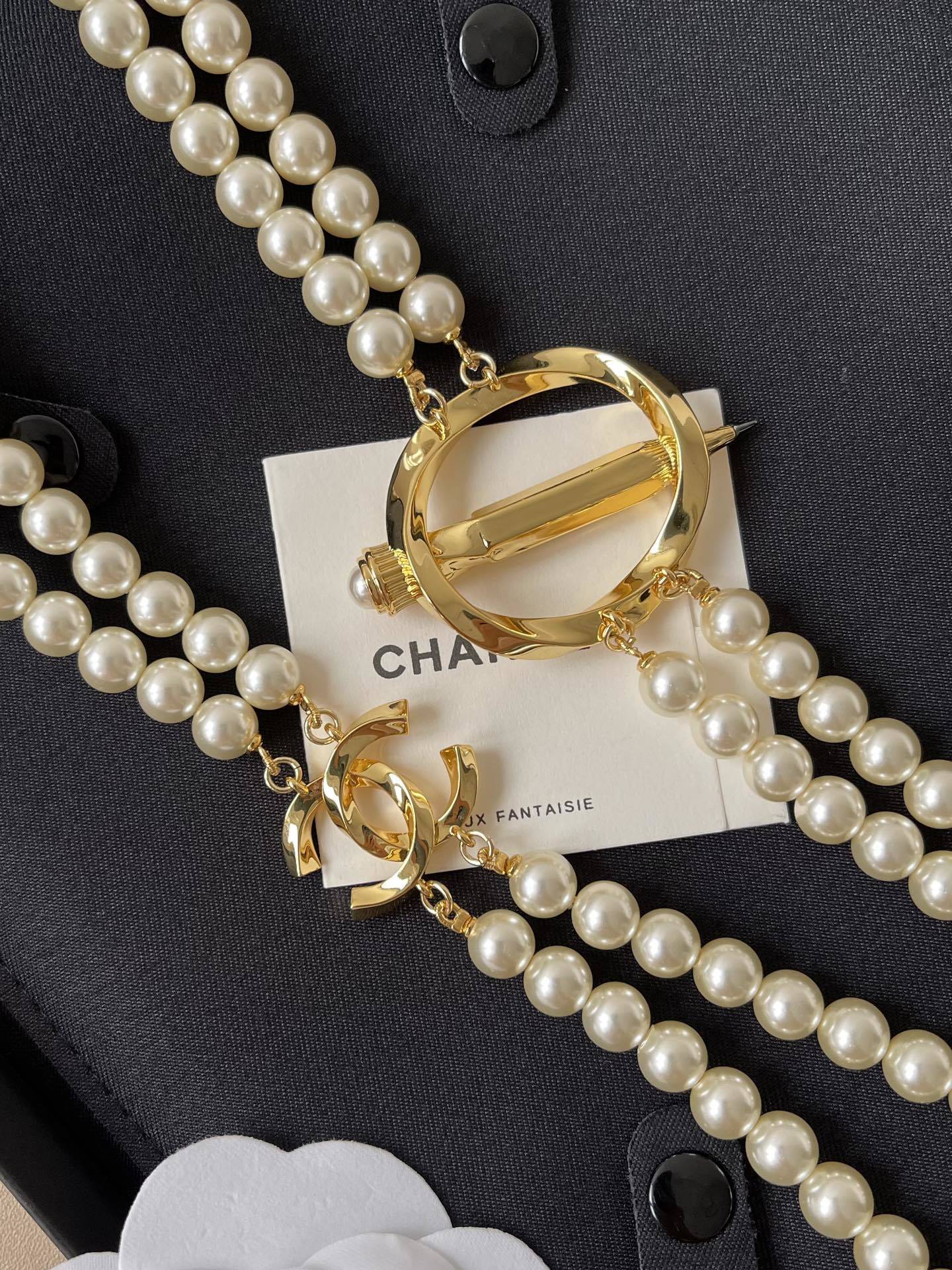 Luxury Double Strand Pearl Necklace with Gold-Tone CC Logo Clasp