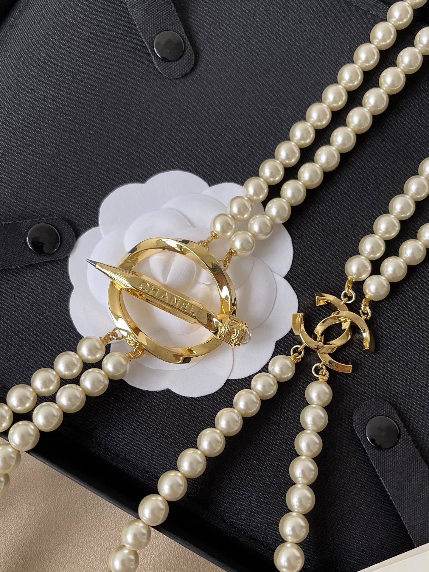 Luxury Double Strand Pearl Necklace with Gold-Tone CC Logo Clasp