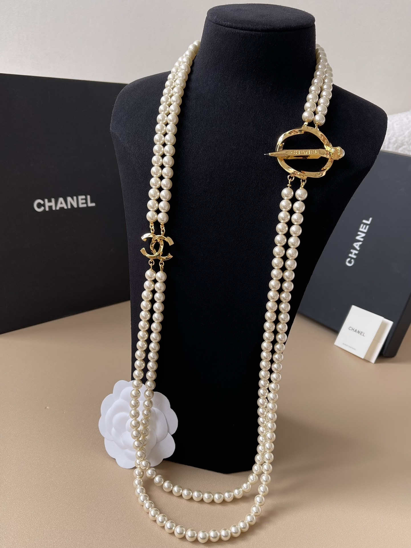 Luxury Double Strand Pearl Necklace with Gold-Tone CC Logo Clasp
