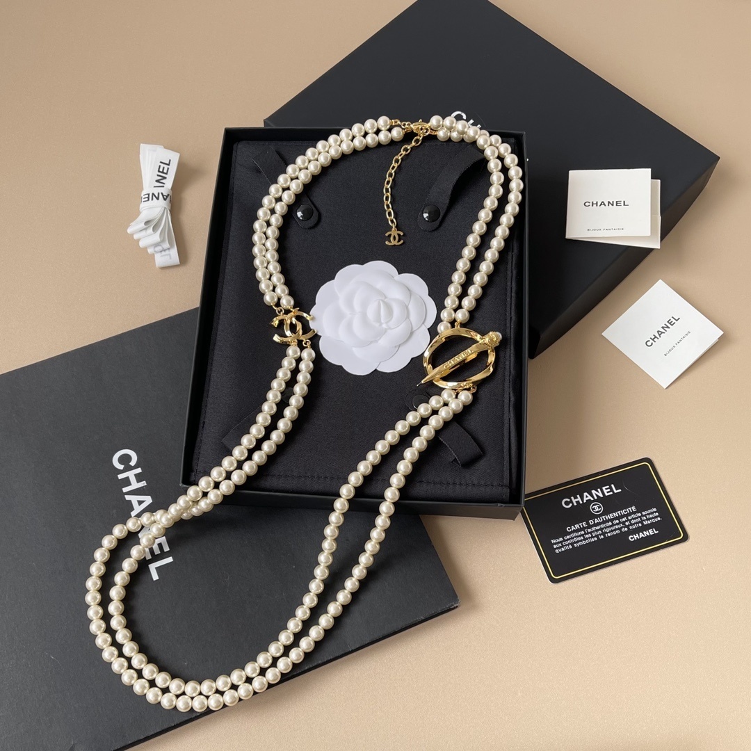 Luxury Double Strand Pearl Necklace with Gold-Tone CC Logo Clasp