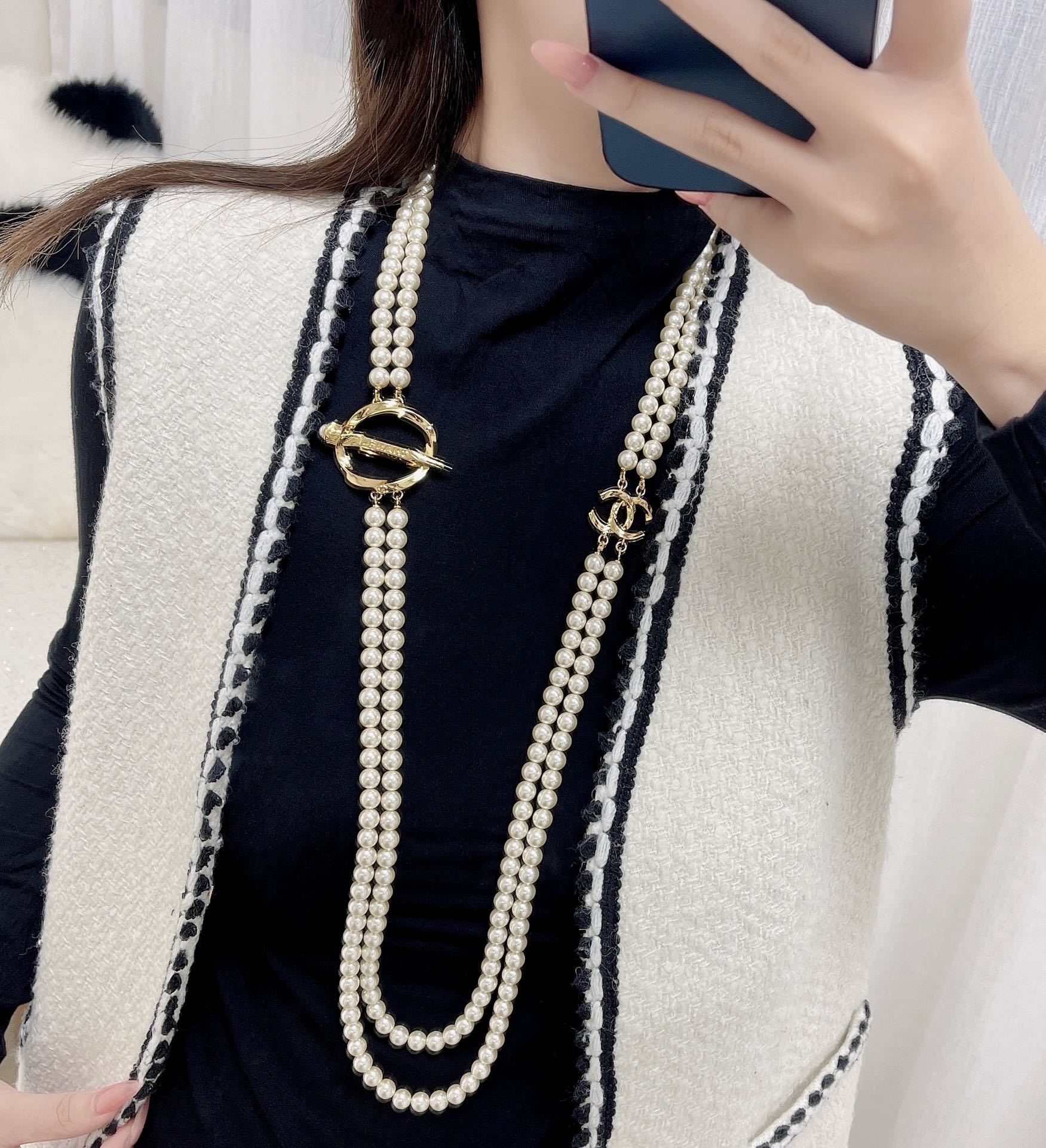 Luxury Double Strand Pearl Necklace with Gold-Tone CC Logo Clasp