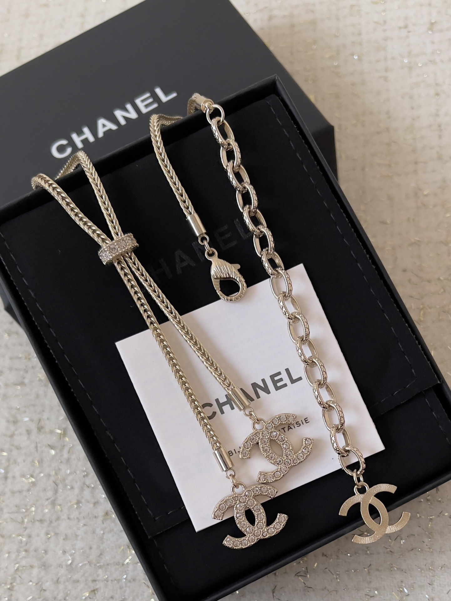 Elegant Chanel Double CC Crystal Pendant Necklace & Bracelet
