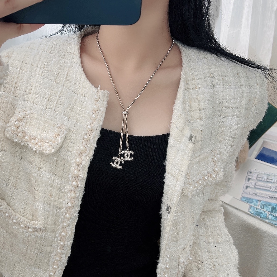 Elegant Chanel Double CC Crystal Pendant Necklace & Bracelet