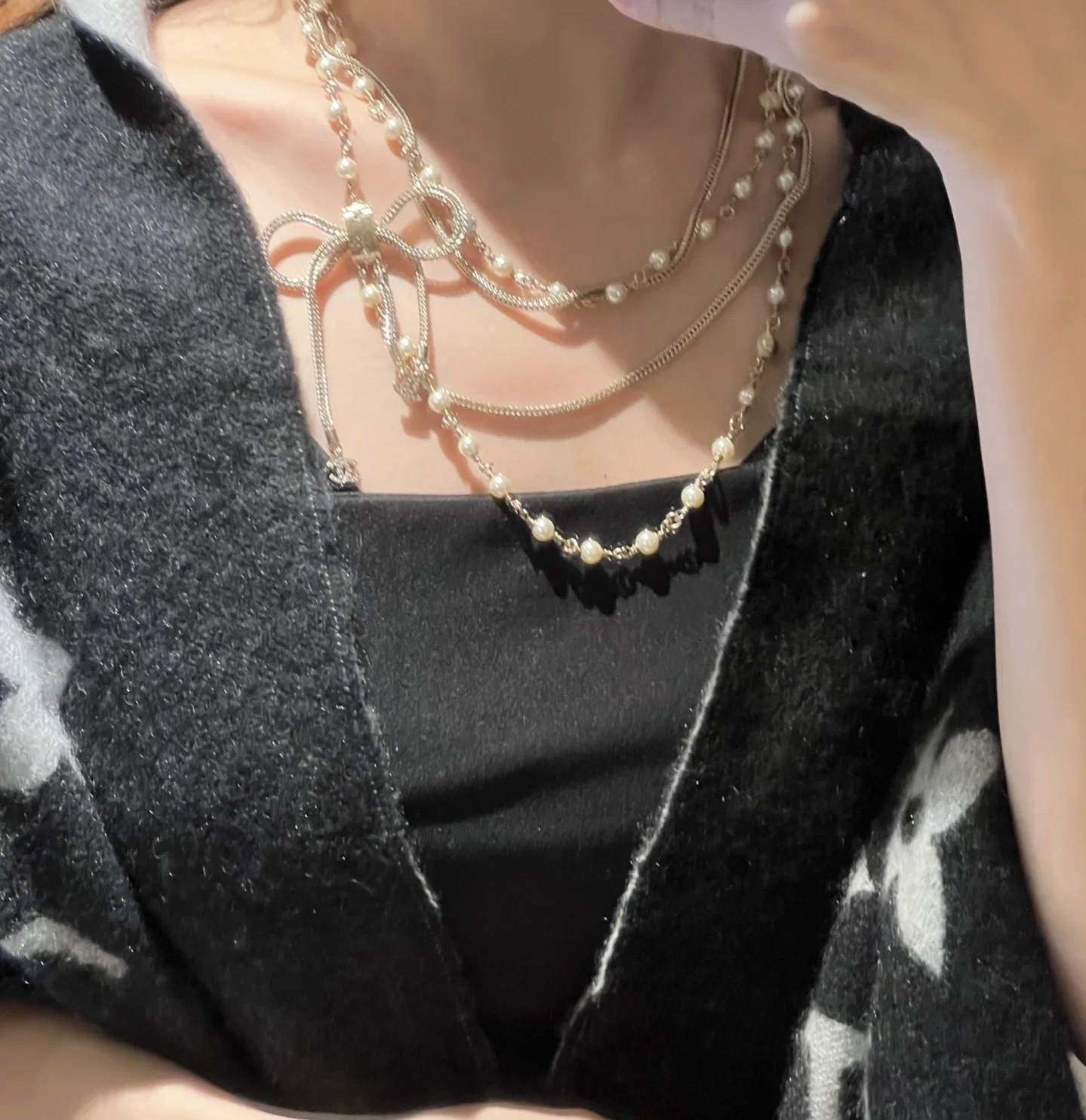 Elegant Long Pearl Bow Necklace Gold Chain Layering Jewelry