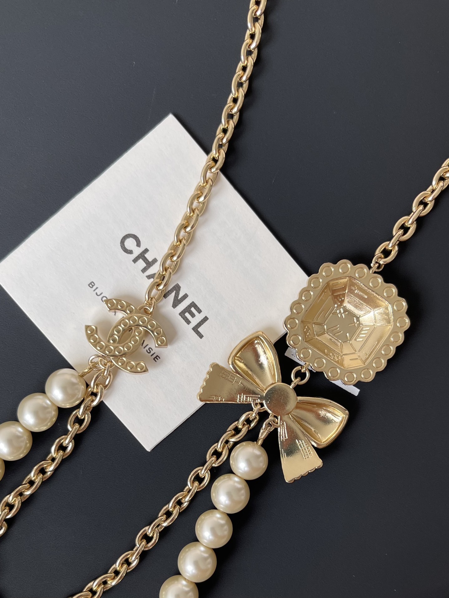 Luxury Chanel Gold Pearl Layered Necklace with Bow & CC Logo