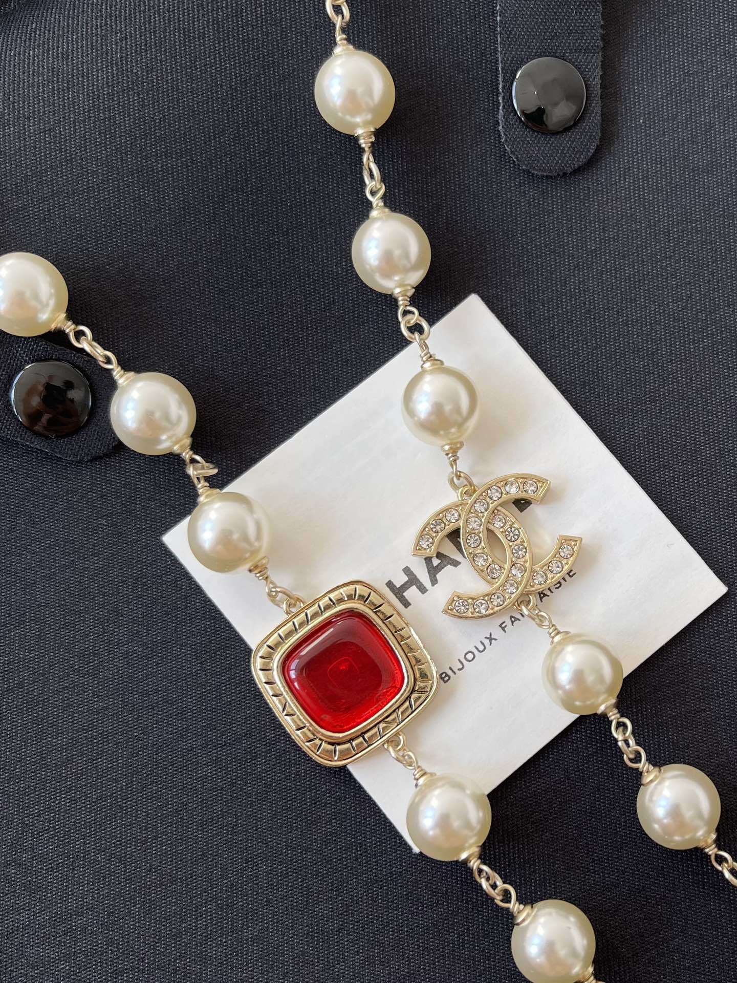 Luxury Long Pearl Necklace with Red Accents & Crystal CC Logo