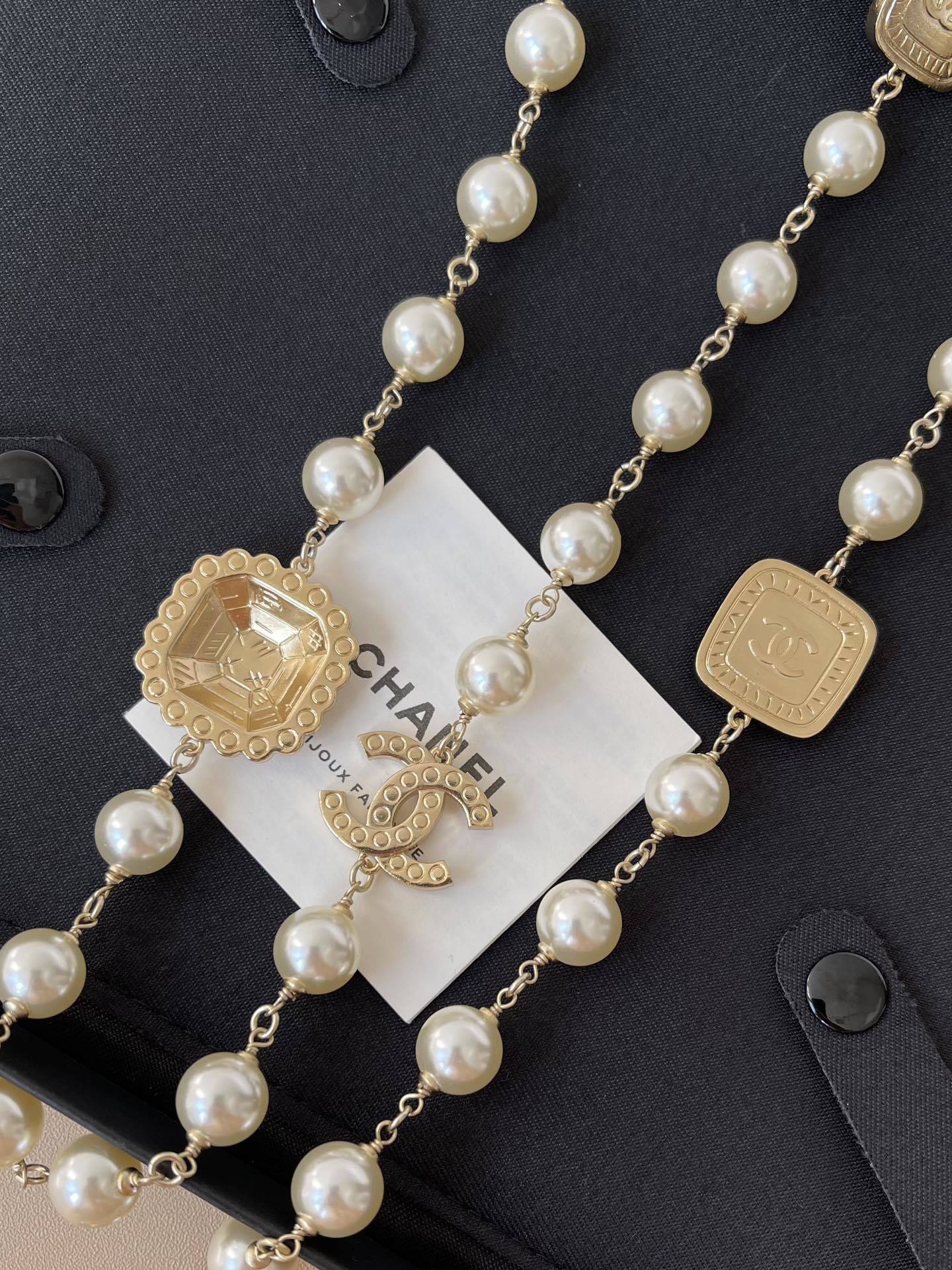 Luxury Long Pearl Necklace with Red Accents & Crystal CC Logo