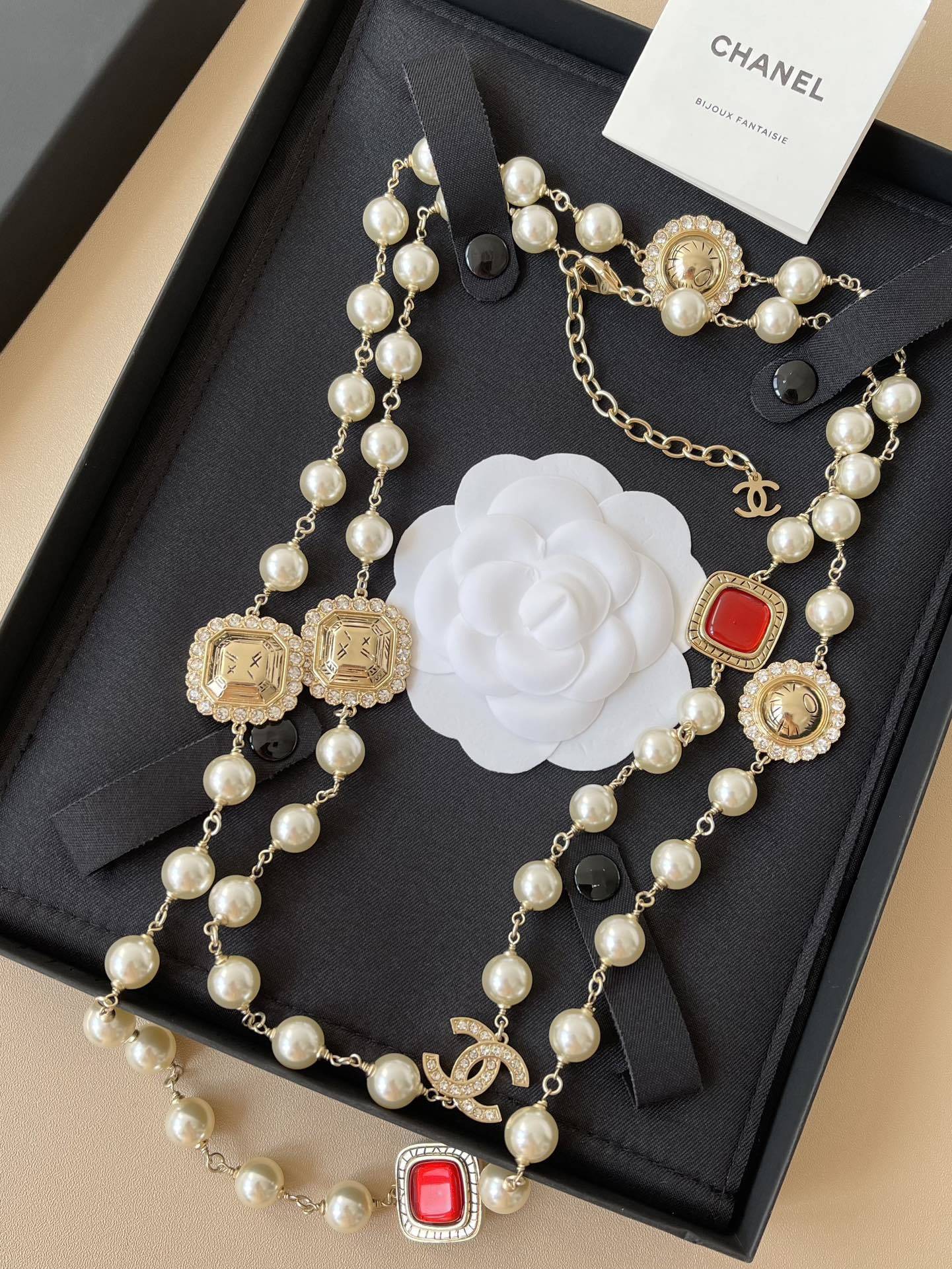 Luxury Long Pearl Necklace with Red Accents & Crystal CC Logo
