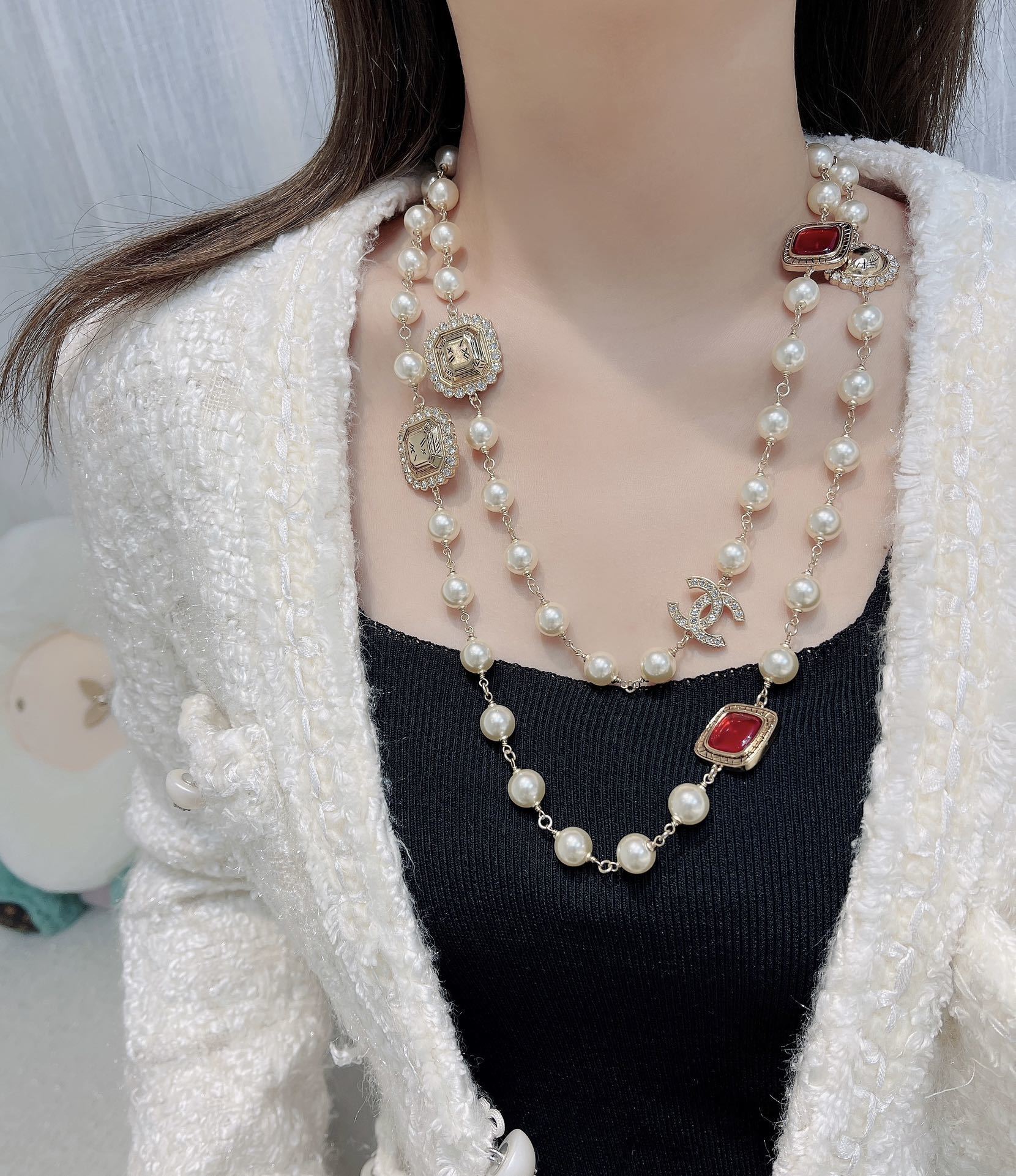 Luxury Long Pearl Necklace with Red Accents & Crystal CC Logo