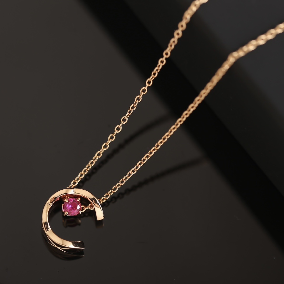 Luxury Rose Gold Quilted Crescent Necklace with Red Ruby Stone
