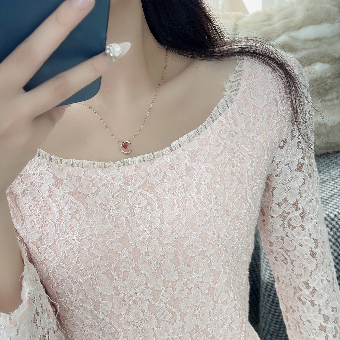 Luxury Rose Gold Quilted Crescent Necklace with Red Ruby Stone