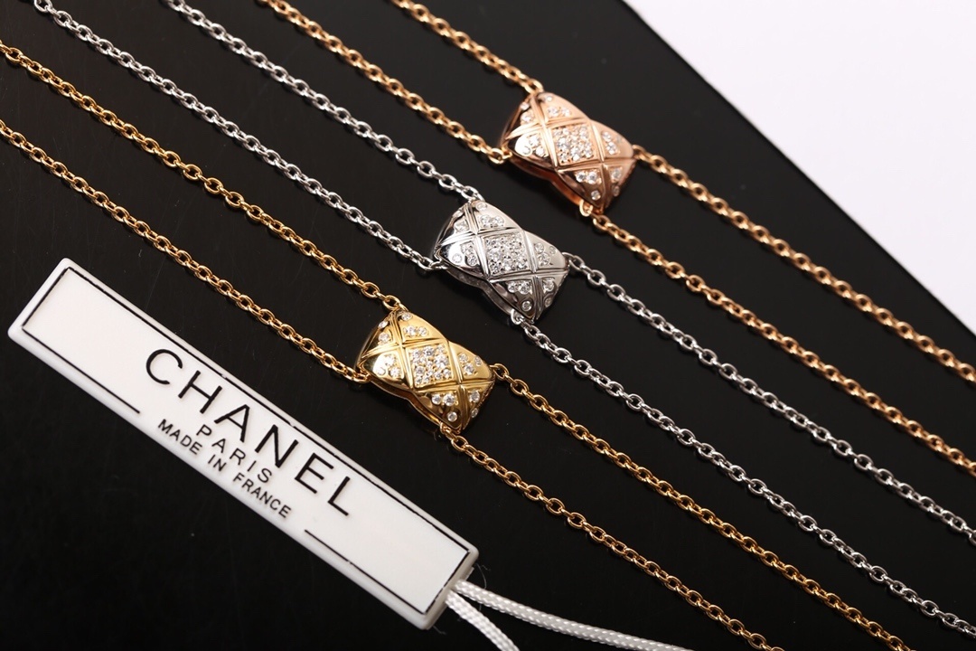 Chanel Style Quilted Matelasse Double Chain Crystal Necklace